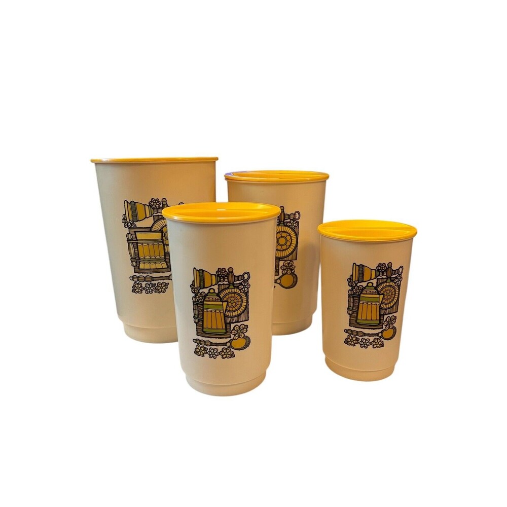 Vintage Set of 4 Harvest Gold Nesting Kitchen Canisters Plastic with Yellow Lids